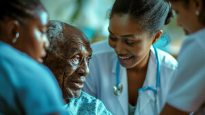 A care expert assisting an elderly man with health issues