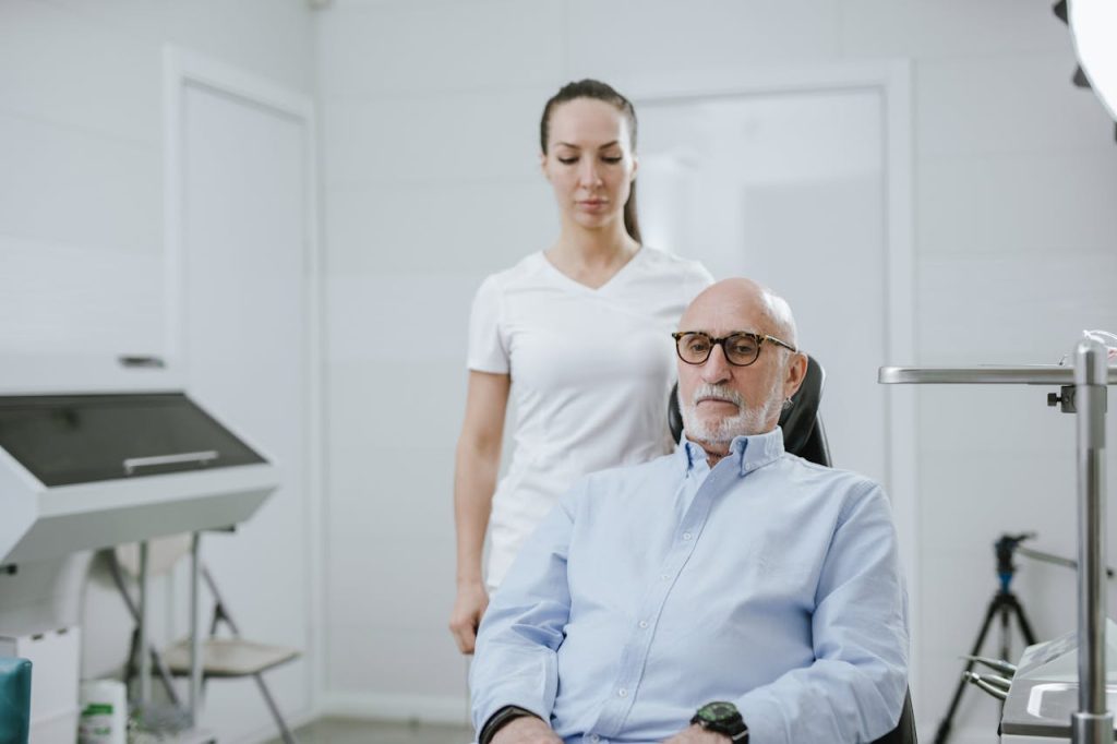 An image of an elderly person and his career in the clinic